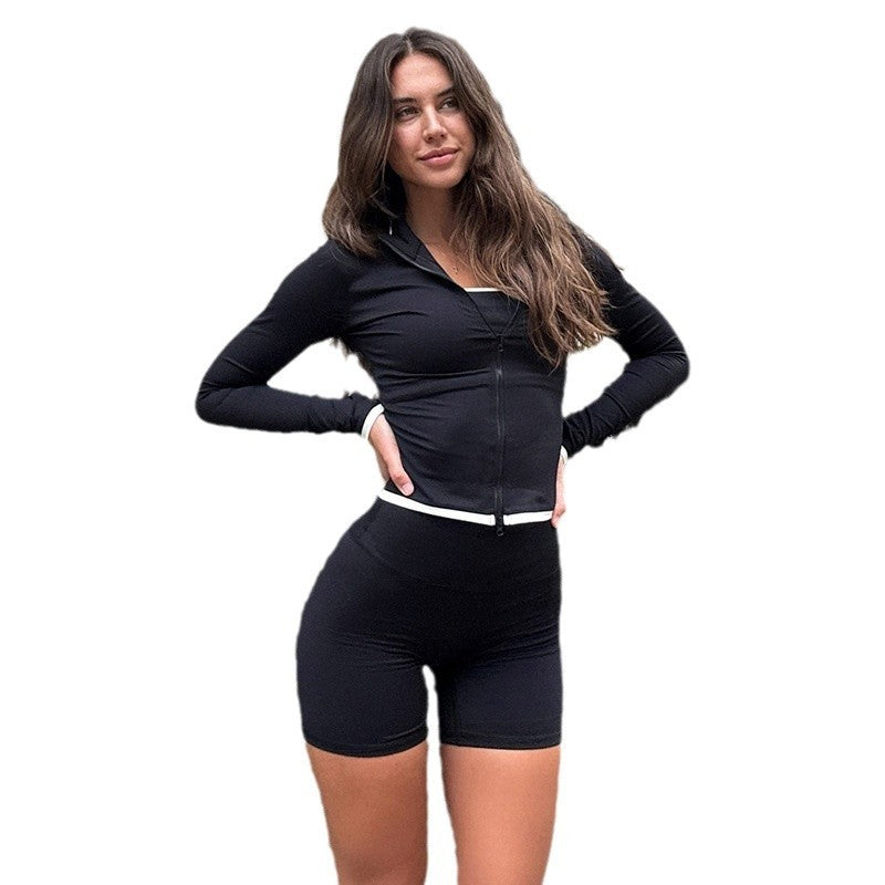 American Street Workout Clothes Suit Zipper Cardigan Long Sleeve Top Suspender Shorts